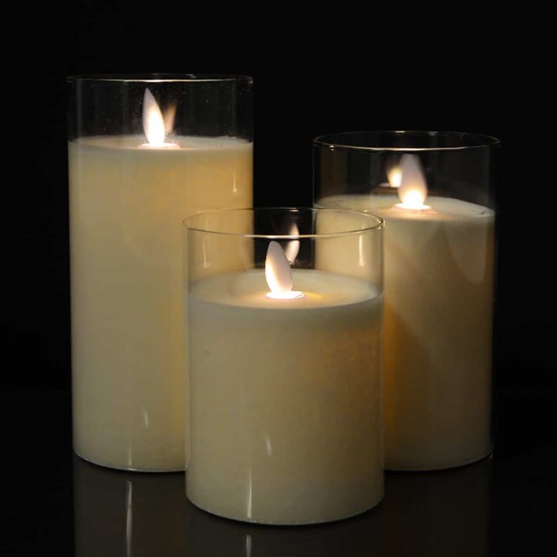 LED-Kerze in Glas mit beweglicher Flamme und Fernbedienung -Weiß- 3 Stück.