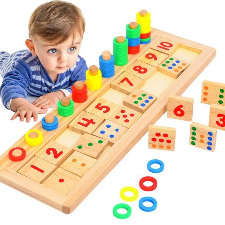 Lerne mit Holzspielzeug: Zahlen und Farben auf Holztafeln