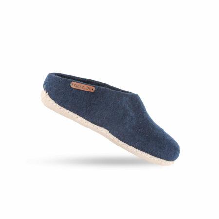 Wollpantoffel (100% reine Wolle) - Modell Blau mit Sohle aus Leder