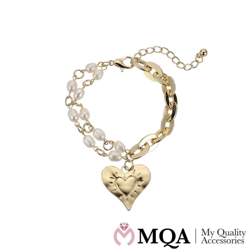 Armband, goldfarben, Perlen, Herz Anhänger, verstellbar