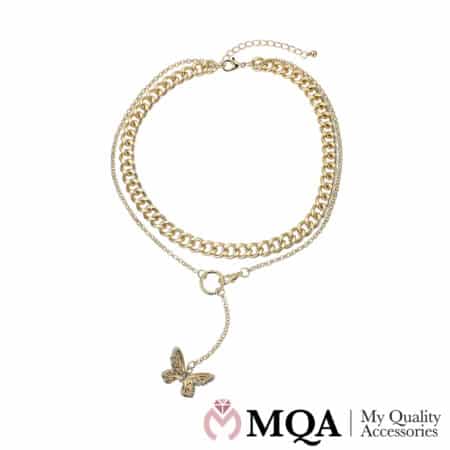 Halskette goldfarben, doppelt, Schmetterling mit Glitzersteinen, verstellbar