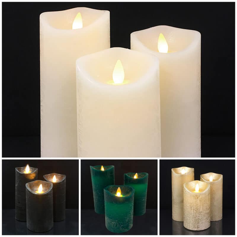 LED-Kerze - rustikal - 3 Stück - 10/12,5/15 cm - mit 3D-Flamme - (verschiedene Farben)